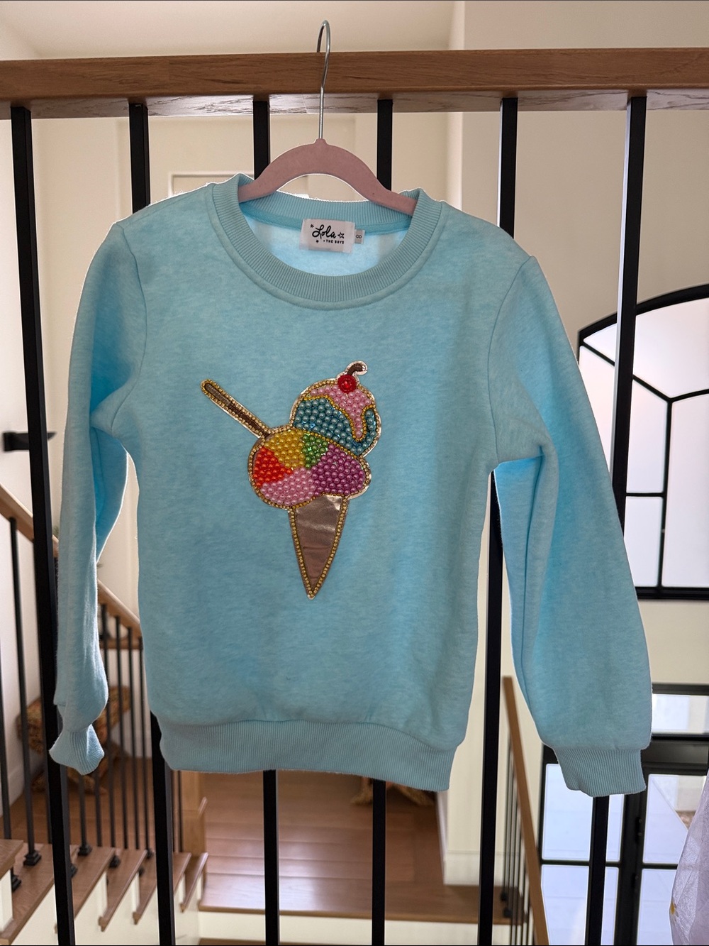Lola + The Boys Aqua Sweatshirt with Beaded Ice Cream Appliqué
